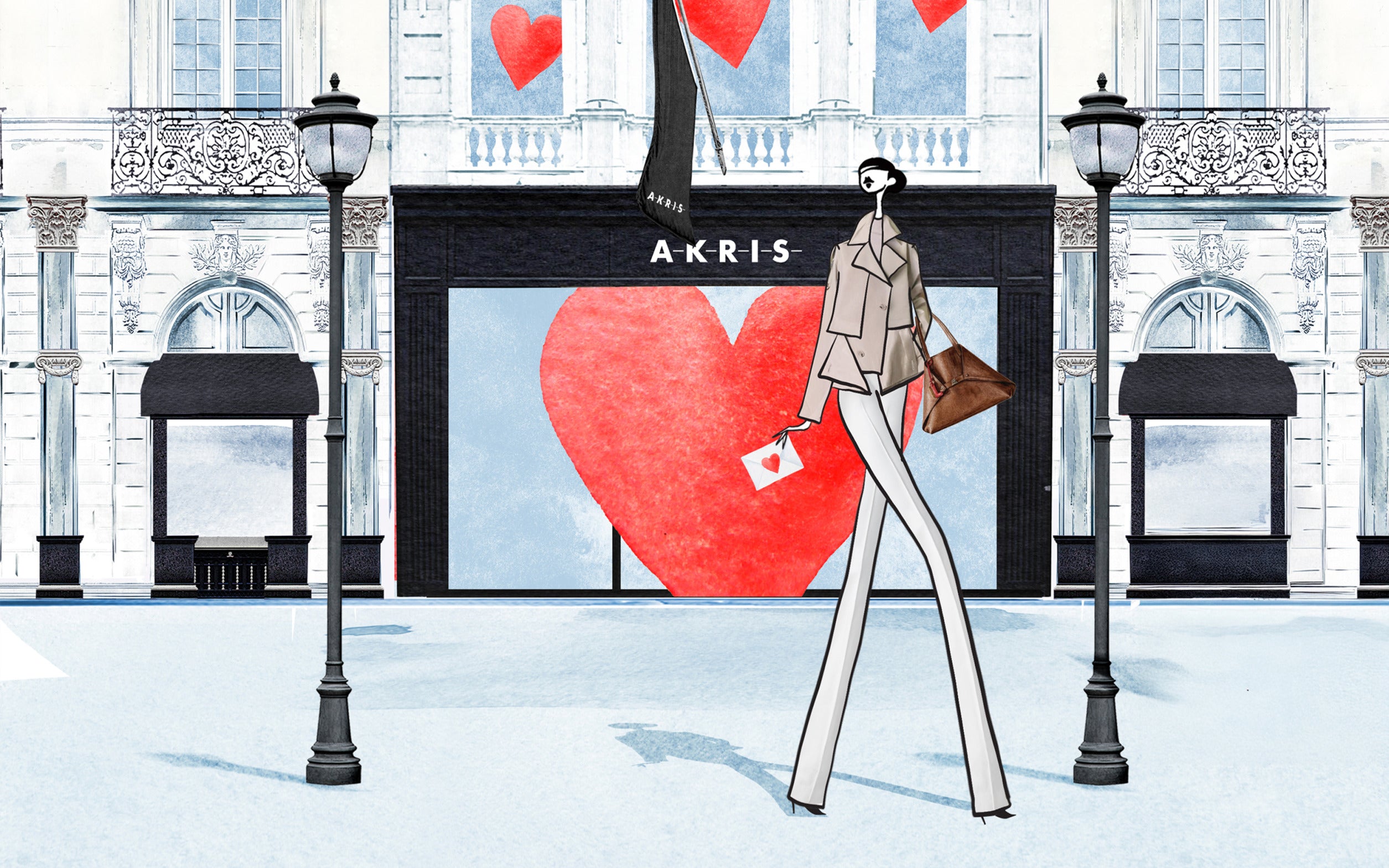 Fashion illustration of an Akris boutique storefront decorated with large red watercolor hearts for Valentine's Day. A stylized model walks by wearing a beige jacket, grey trousers, and carrying a brown leather handbag and a love letter.