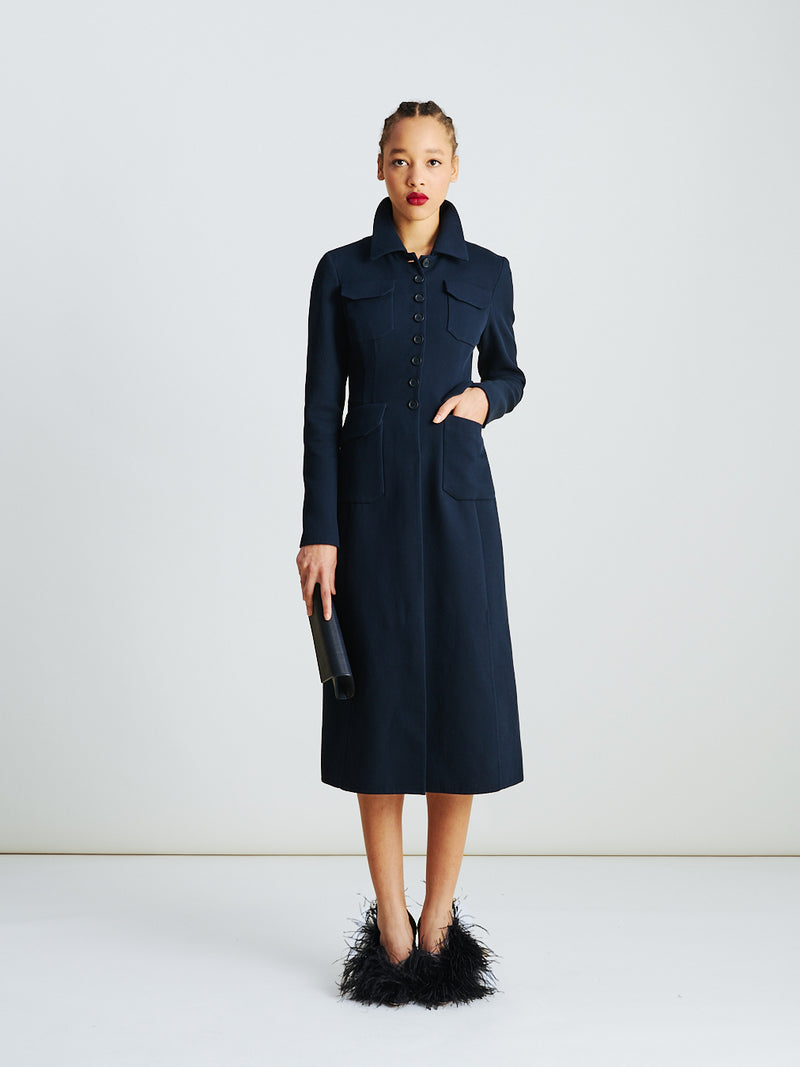 Akris fitted wool double-face midi coat-dress in navy – tailored silhouette with structured collar, long sleeves and refined craftsmanship.