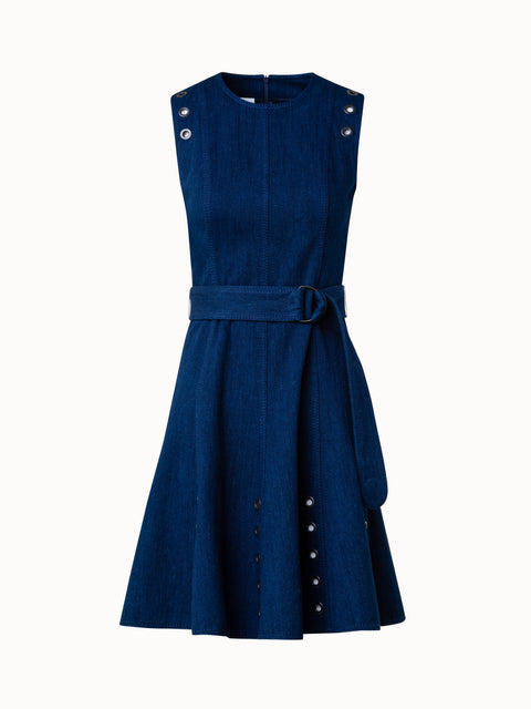 Cotton Denim Stretch A-Line Dress with Eyelet Details