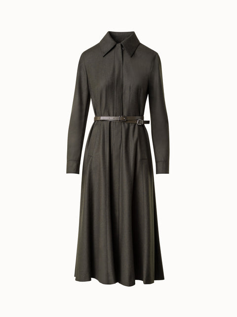 Wool Flannel Midi Dress with Double Leather Belt