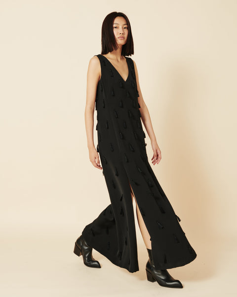 Long Silk Evening Dress with Tassels