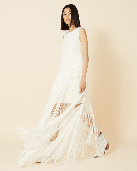 Long Sleeveless Silk Gown with Fringes