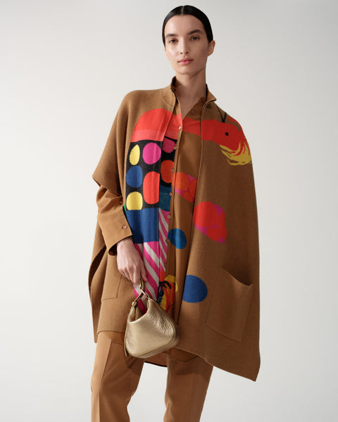 Reversible Cashmere Cape with Rooster Intarsia