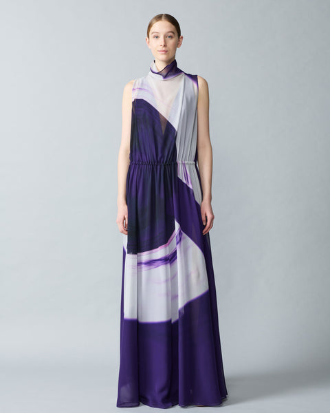 Long A-Line Silk Crêpe Dress with Purple Loop Print