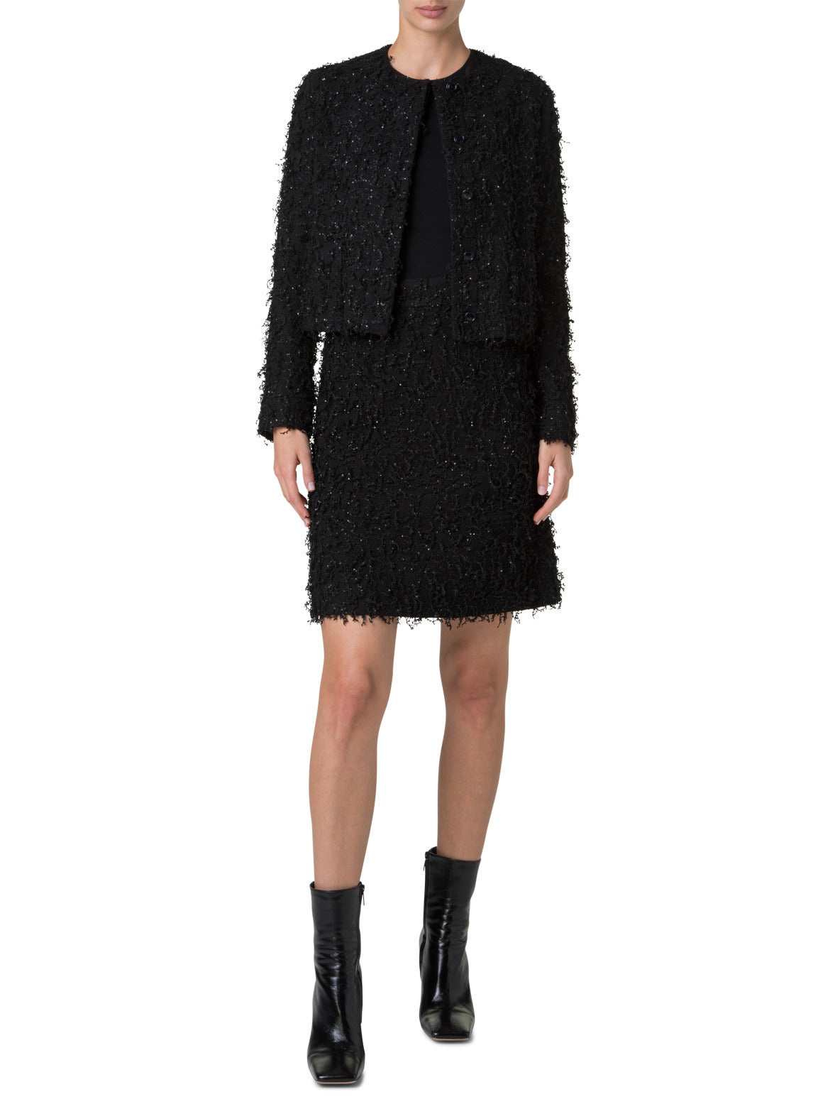 Short Jacket with Micro Sequins Fringed Bouclé - black