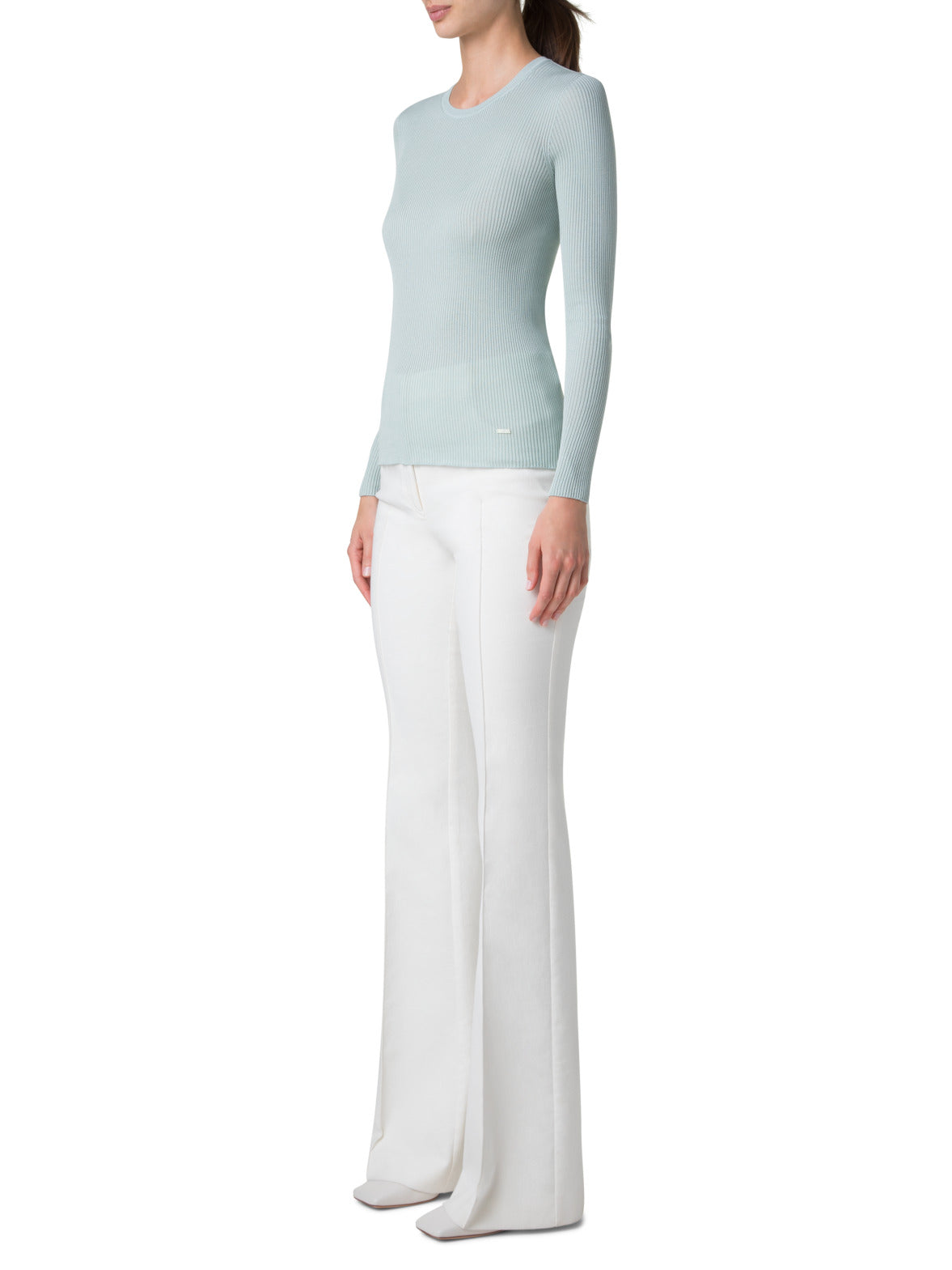 Seamless Crew Neck Sweater in Silk Cotton Rib Knit - pastel - blue