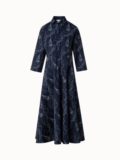 Midi Shirt Dress in Cotton with Sailboat Print