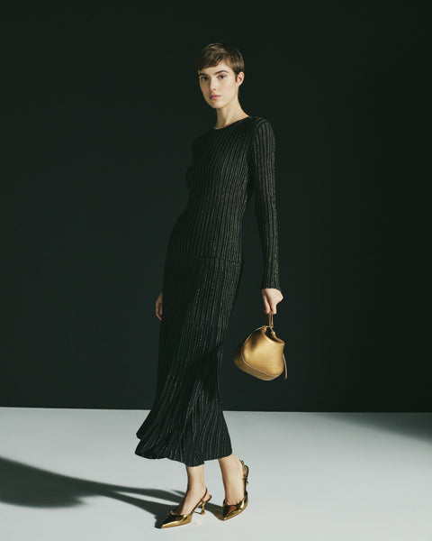 Ribbed Sweater in Wool Silk with Golden Lurex Stripes