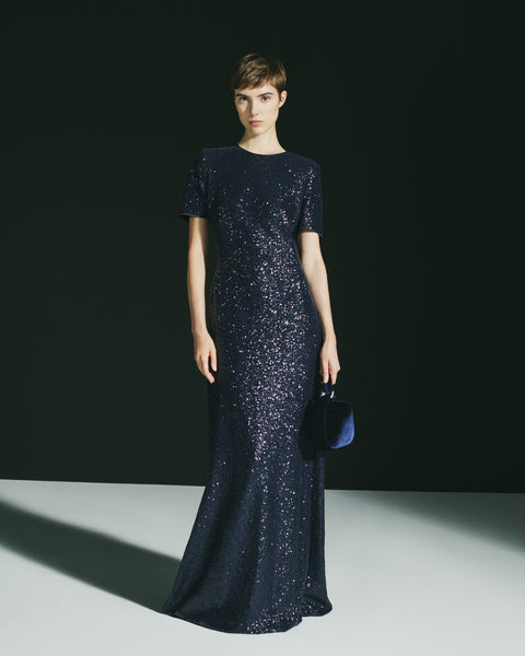 Long Sequined Evening Gown with Short Sleeves