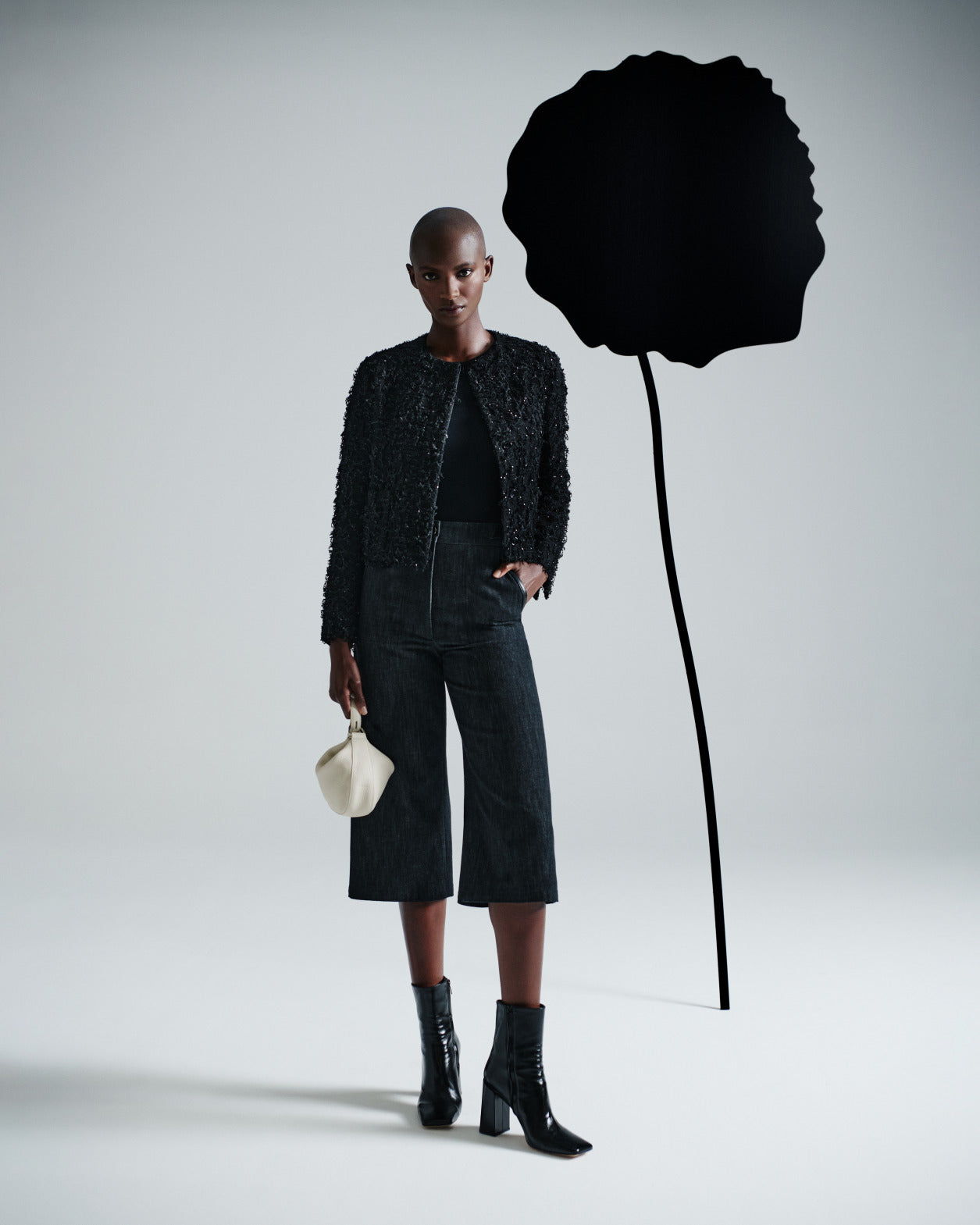 Short Jacket with Micro Sequins Fringed Bouclé - black