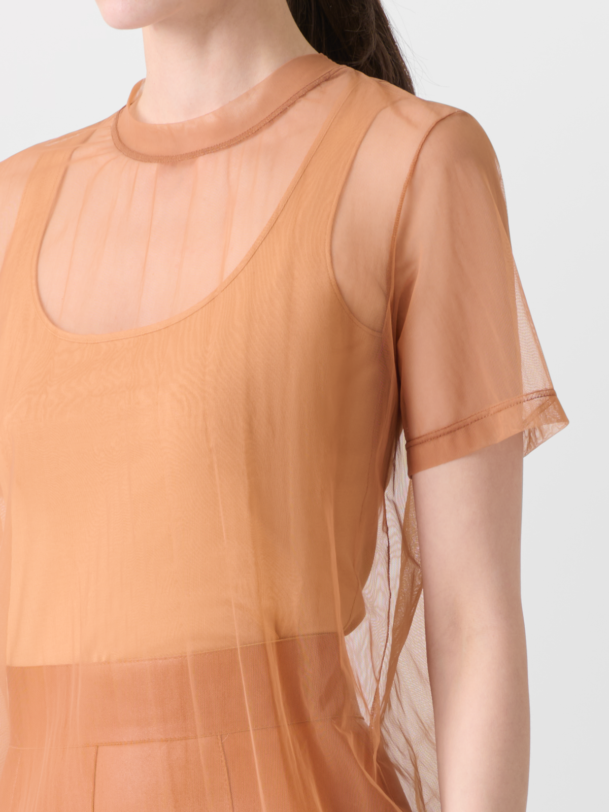 Designer Sheer Tulle T-Shirt with Tank Top - brown