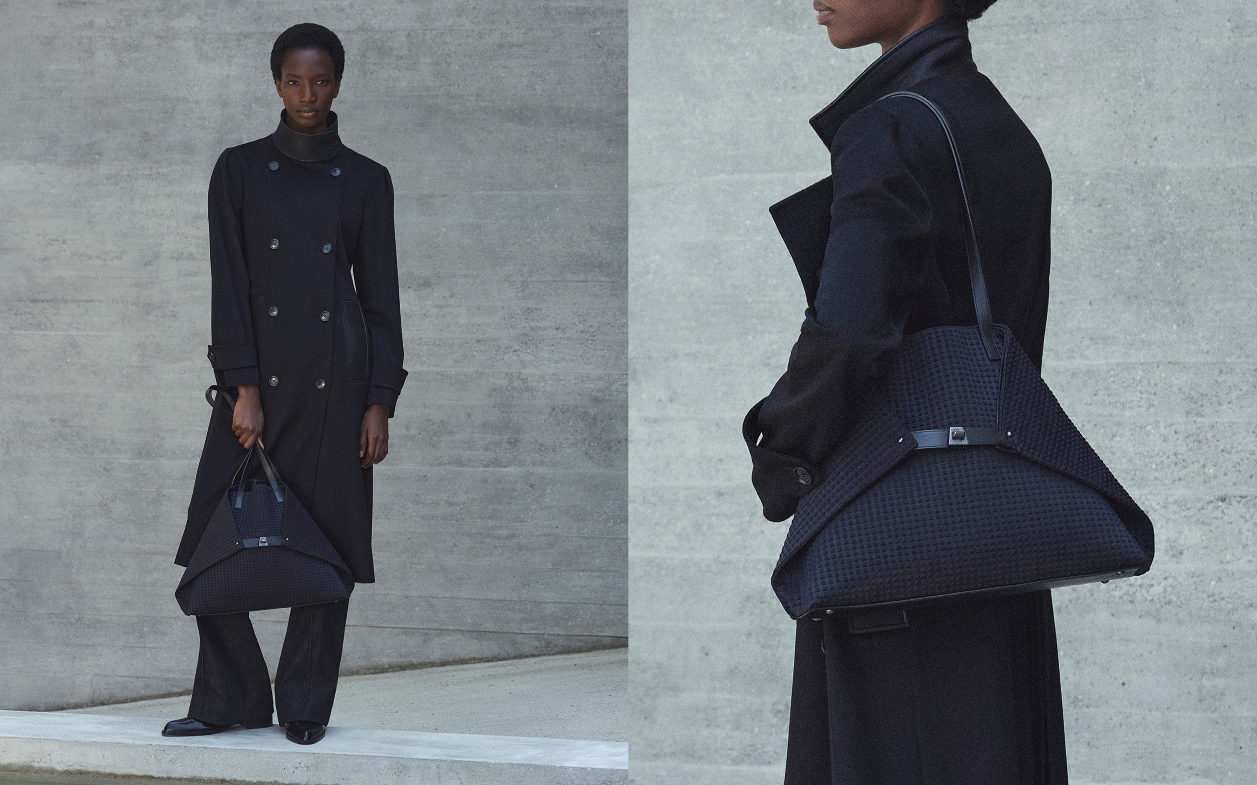 Split view of a model wearing a long black double-breasted wool coat and carrying the signature Akris Ai trapezoid bag in black textured fabric.