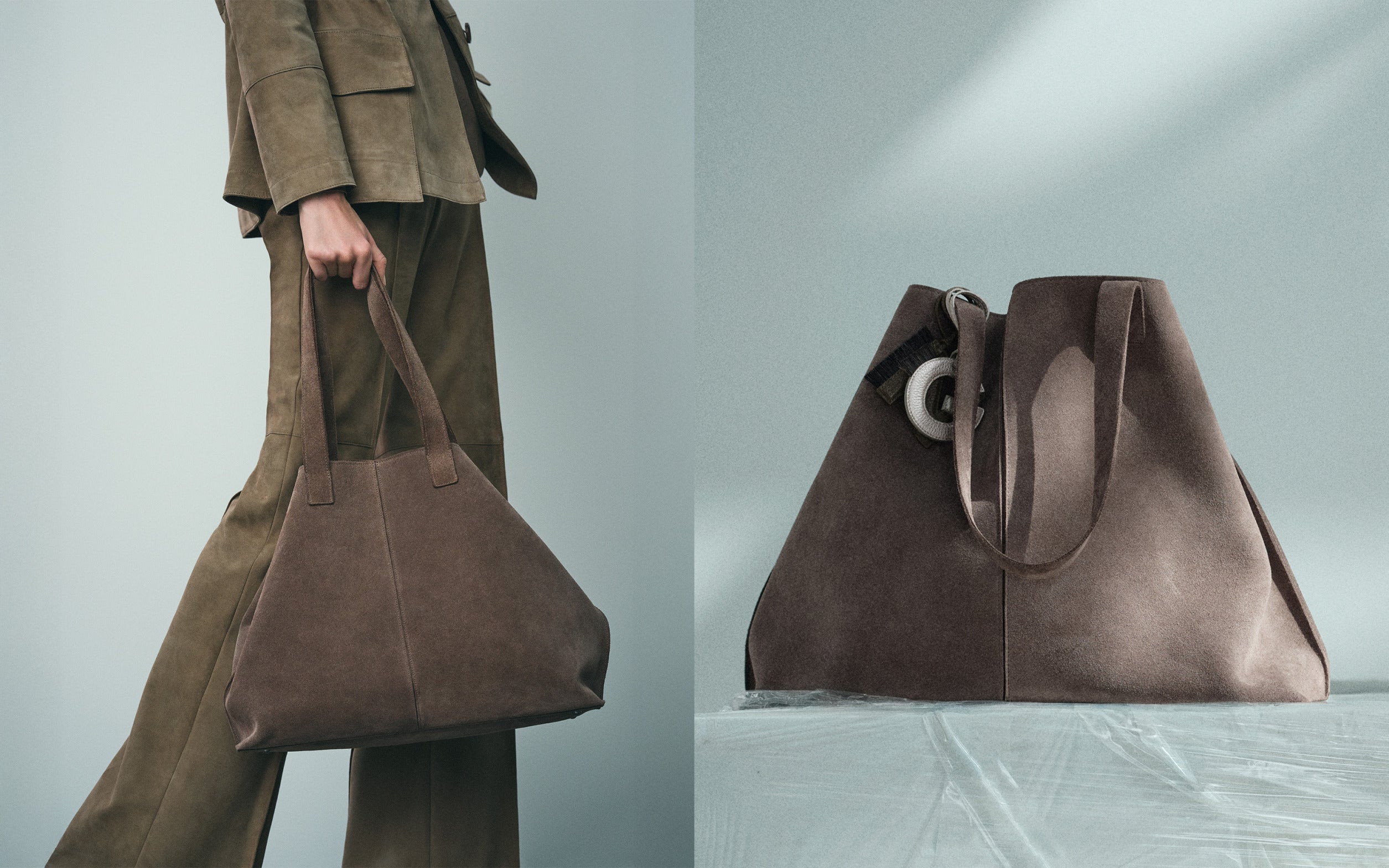The left shows a model in an olive suede suit holding the bag; the right shows a close-up detail of the tote with its signature 'C' charm.