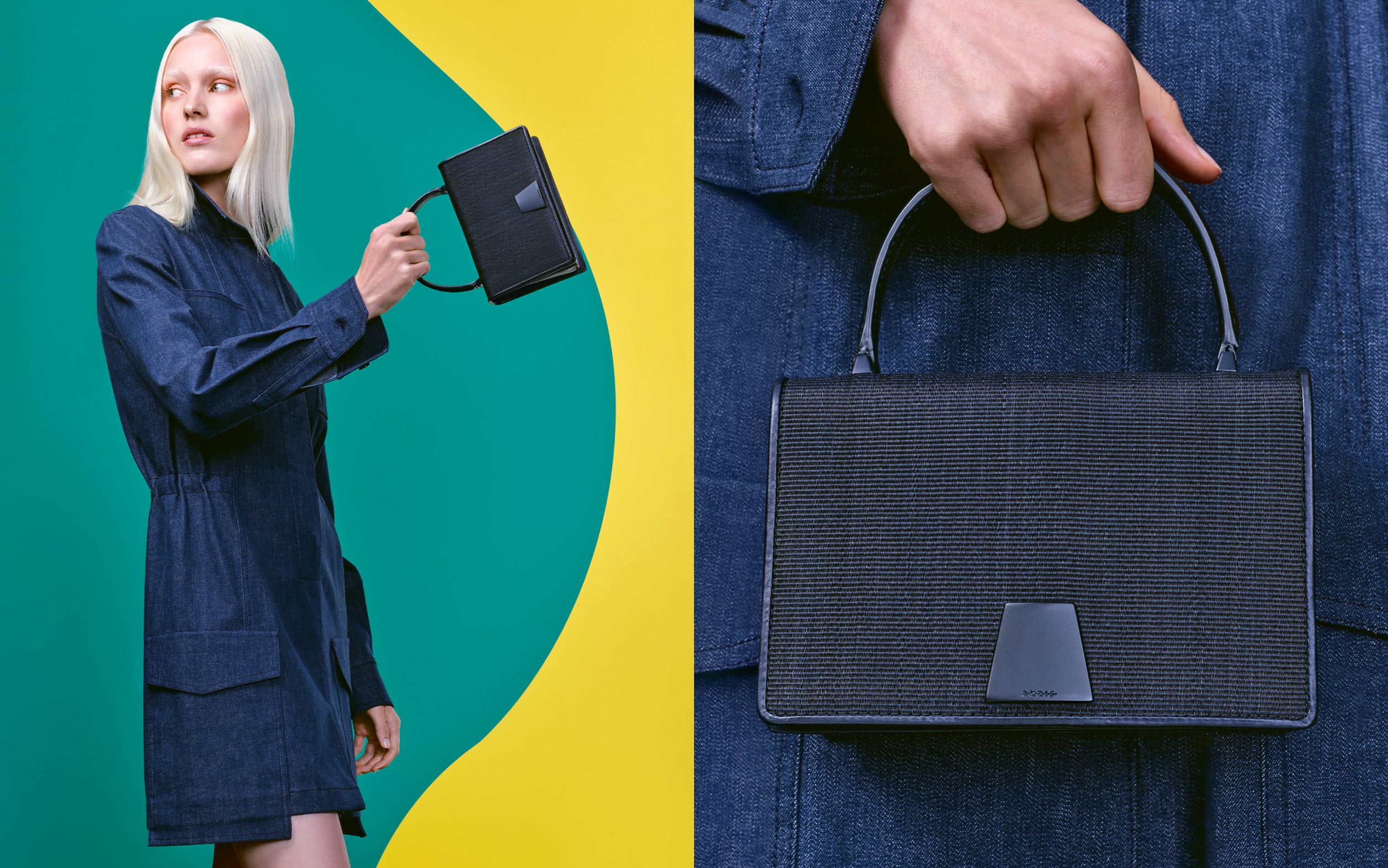 Akris Alice bag in dark blue denim featuring a structural top handle and trapezoid closure, styled with a matching denim dress against a geometric green and yellow background.