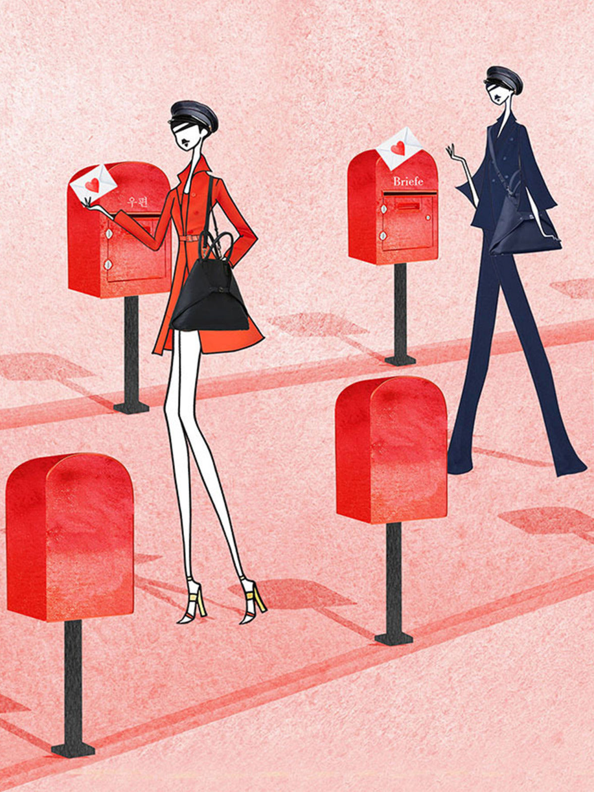 Conceptual illustration for Valentine's Day featuring elegant figures in red and navy coats carrying luxury black leather tote bags, sending love letters.