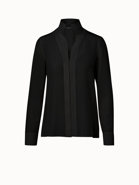 Long Sleeve Collared Silk Crepe Blouse