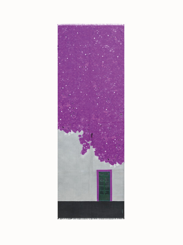 Scarf in Cashmere and Silk with Bougainvillea Porta Print - black - grey - purple