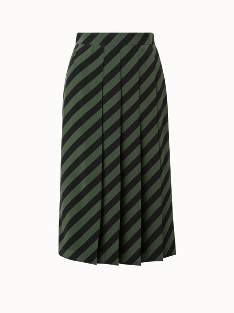 Silk Crêpe Knee-Length Pleated Skirt with Diagonal Stripes