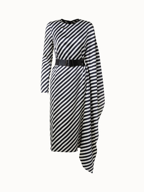Asymmetrical Silk Techno Blend Dress with Diagonal Stripes