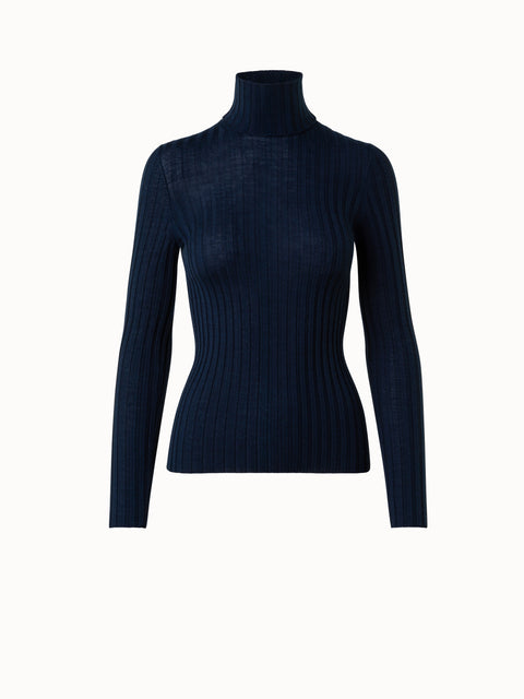 Fine Gauge Wool Silk Rib Knit Pullover