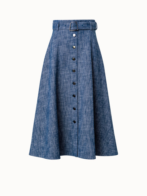 A-Line Cotton Stretch Denim Midi Skirt