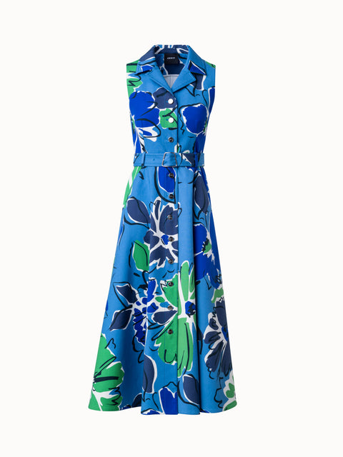 Midi Dress in Cotton Silk Double-Face with Sketched Abraham Flower Print