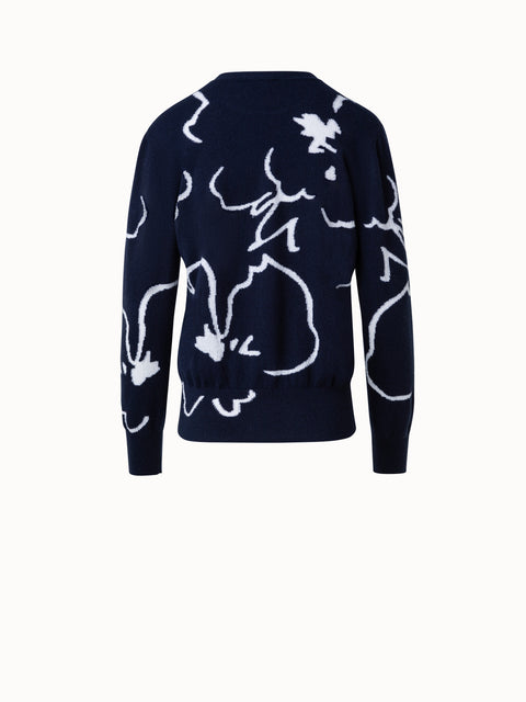 Cashmere Sweater with Cream Sketched Abraham Flower Intarsia