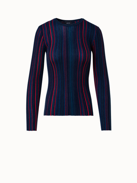 Fitted Wool Silk Sweater with Irregular Stripes