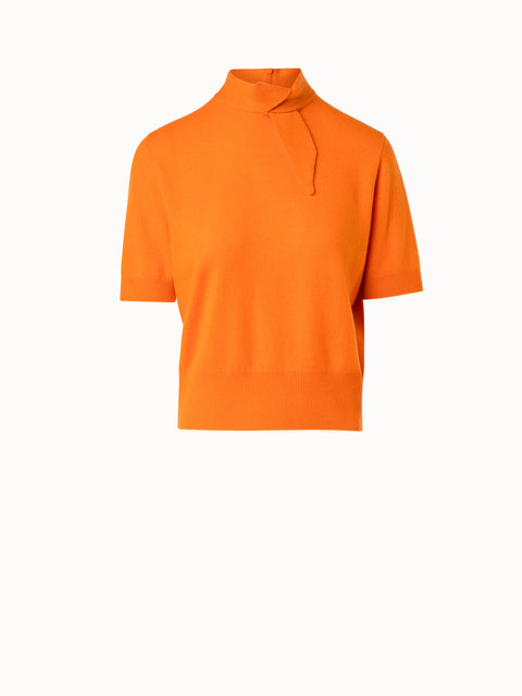 Short Sleeve 100% Cashmere Top with Knot Mockneck
