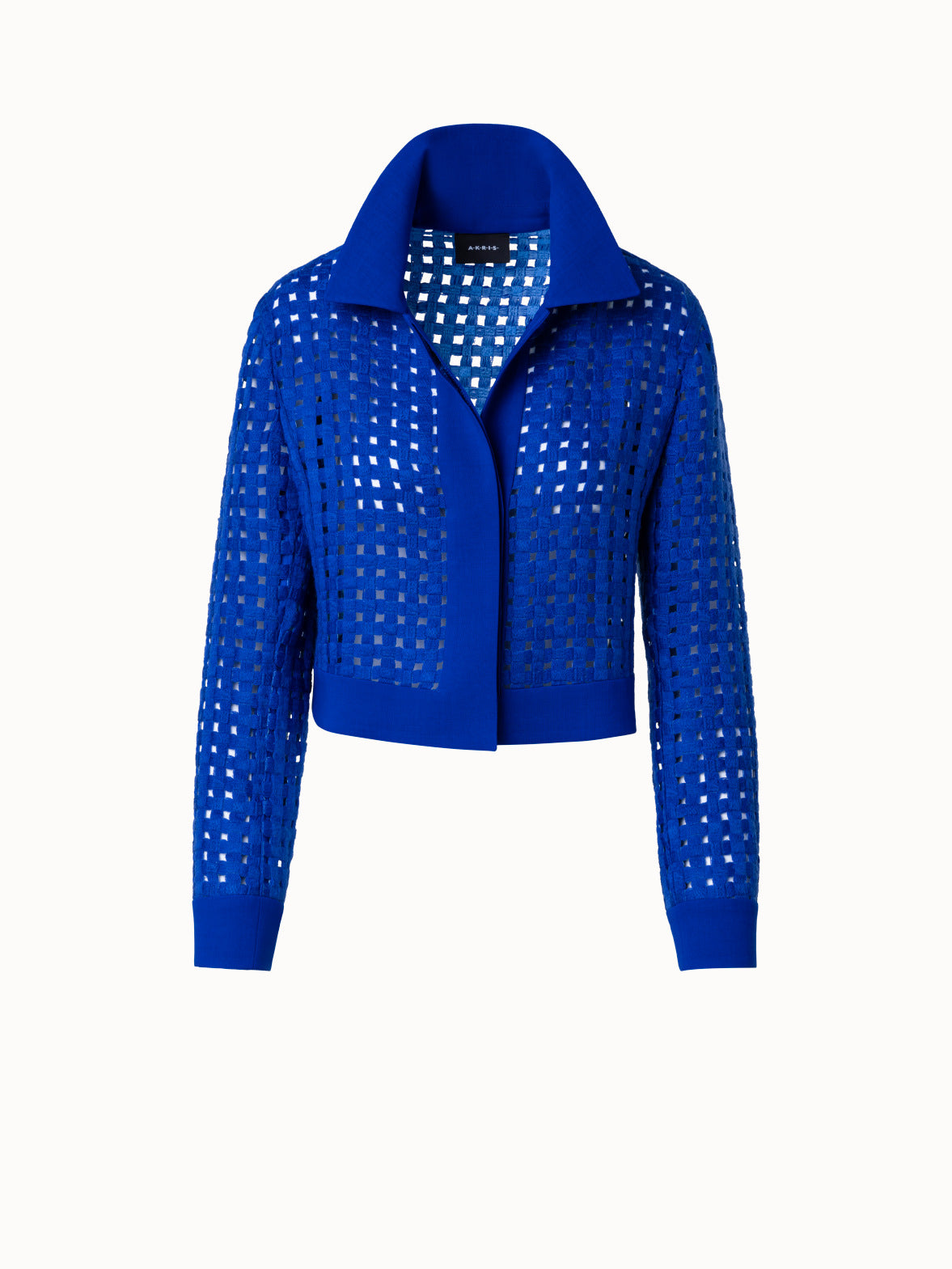 Short Jacket in Wool Grid Embroidery - blue
