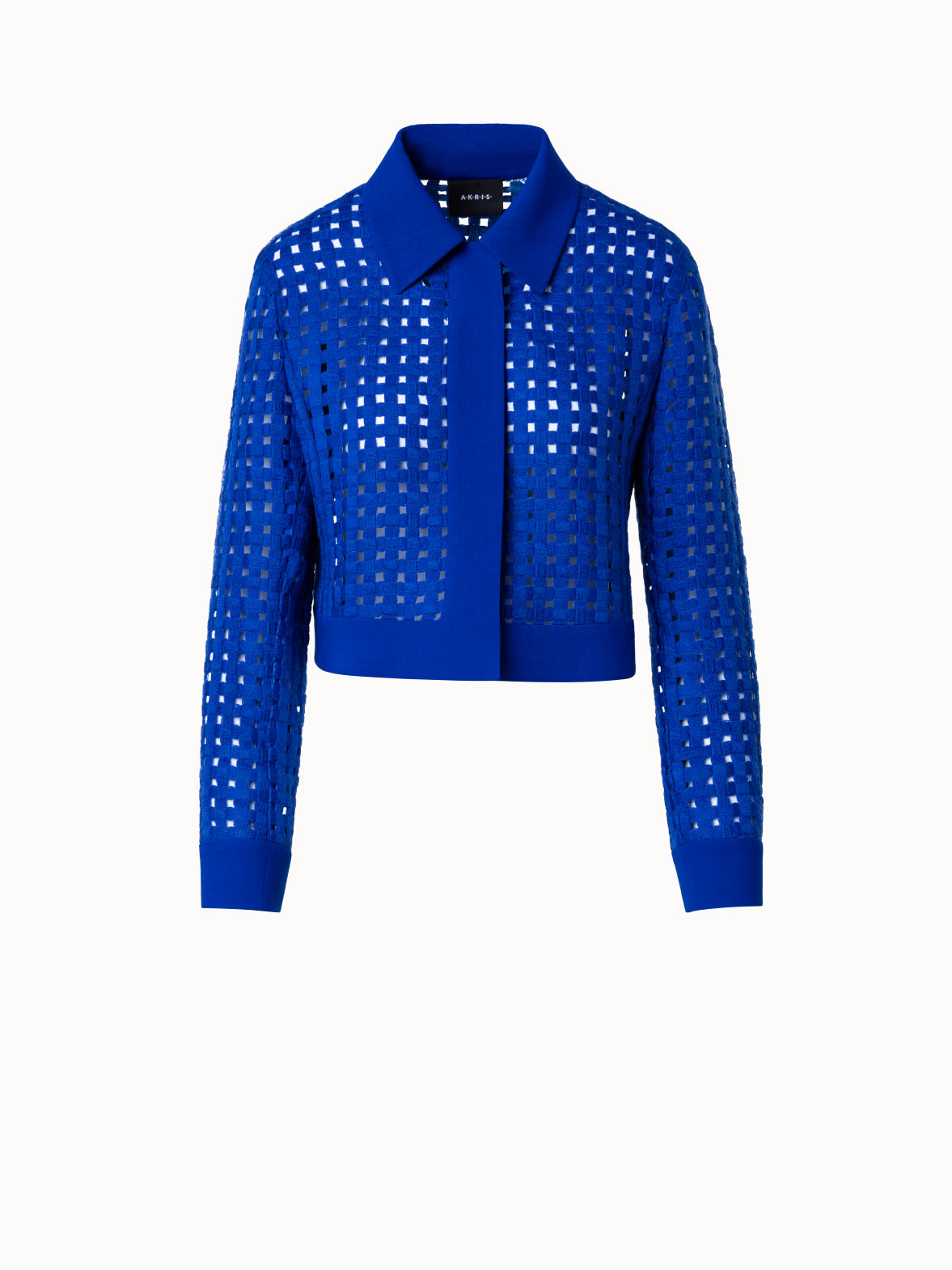 Short Jacket in Wool Grid Embroidery - blue