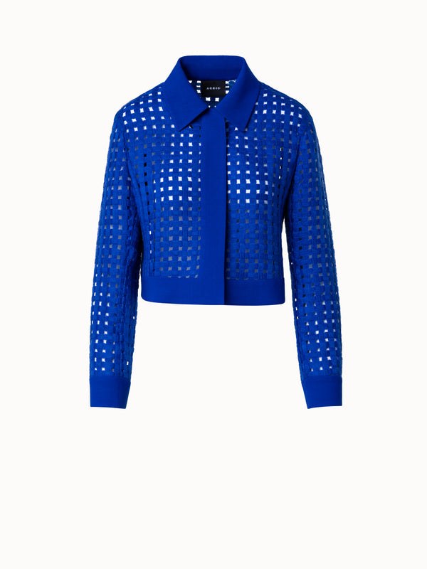 Short Jacket in Wool Grid Embroidery - blue