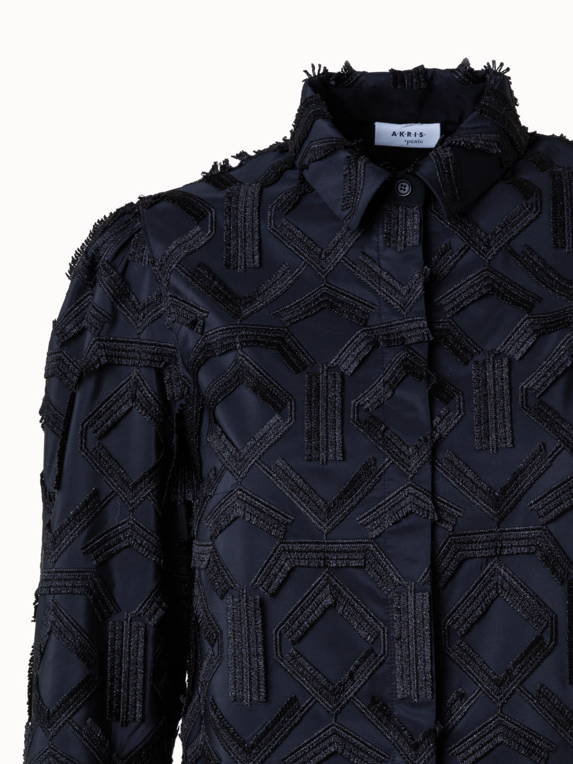 Blouse with Fringe Embroidery and Puff Shoulders - black