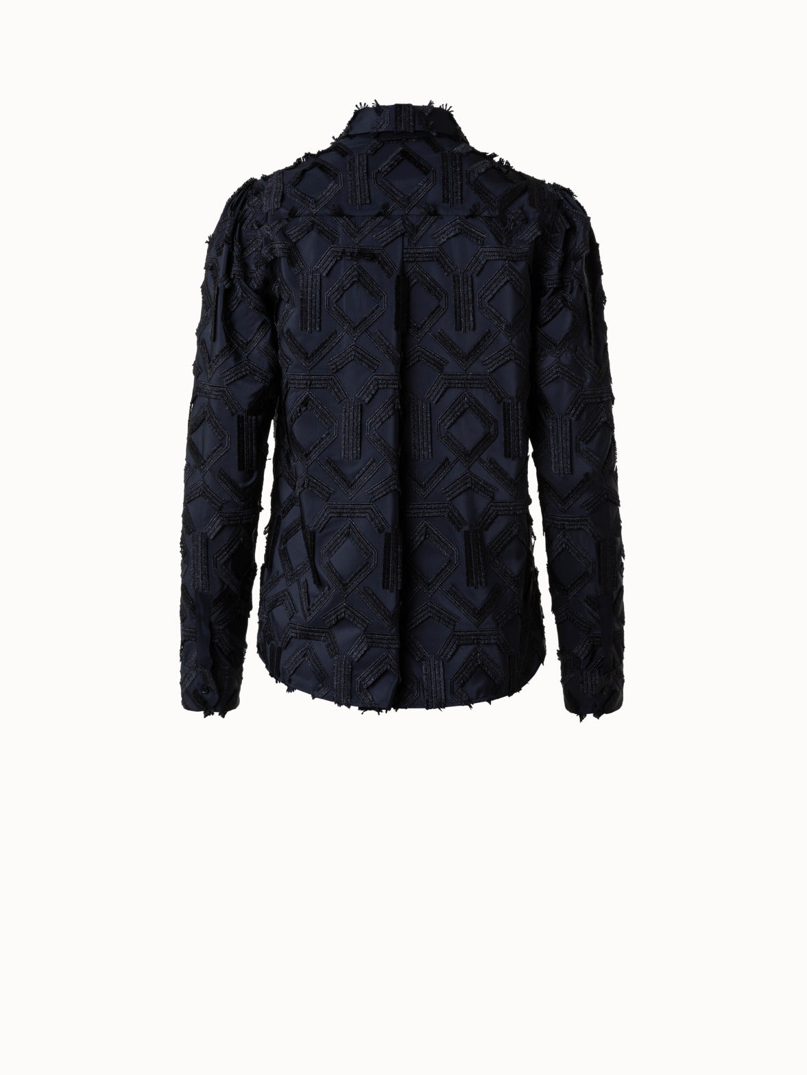 Blouse with Fringe Embroidery and Puff Shoulders - black