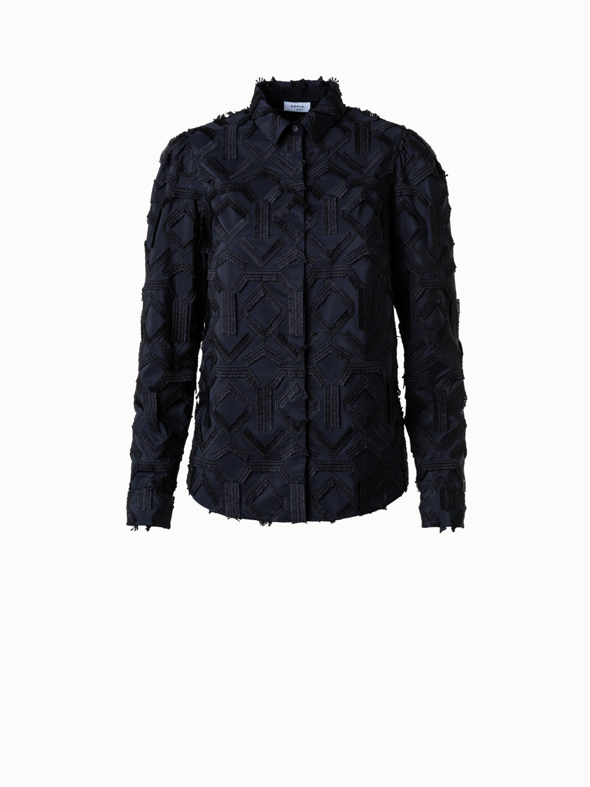 Blouse with Fringe Embroidery and Puff Shoulders - black