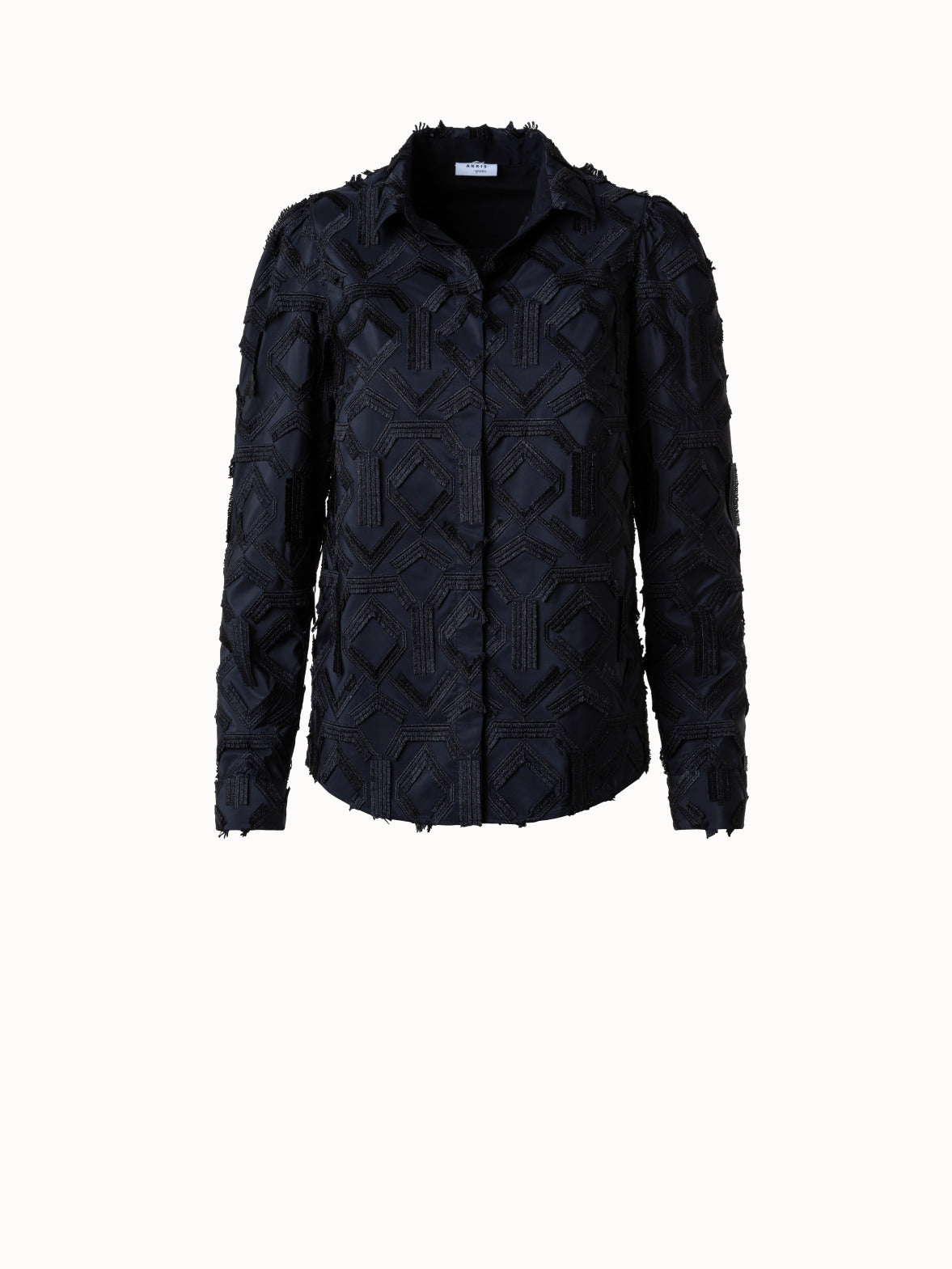 Blouse with Fringe Embroidery and Puff Shoulders - black