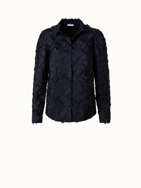 Blouse with Fringe Embroidery and Puff Shoulders - black