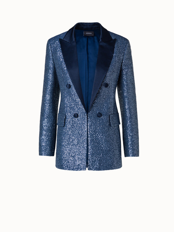 Long Sequins Jacket in Wool Blend - blue