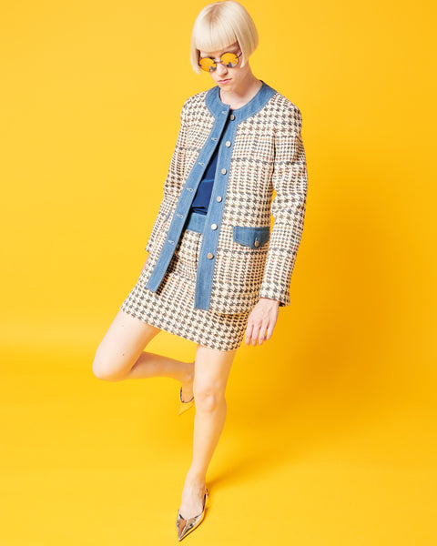 Long Houndstooth Cotton Blend Jacket with Denim Trimming