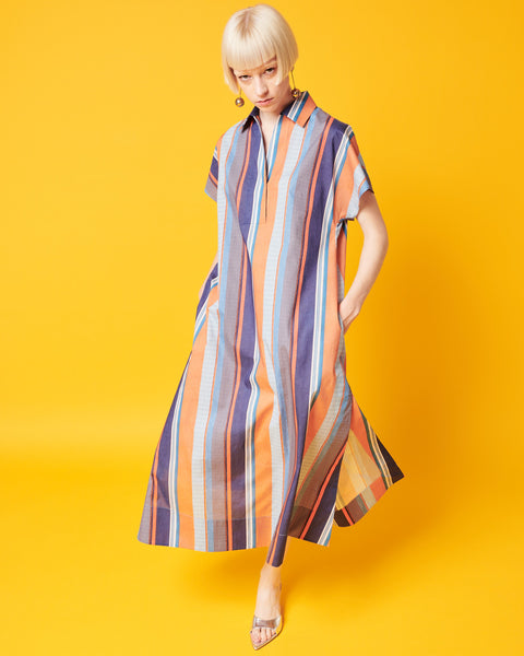 Cotton Midi Shirt Dress with Allover Stripes