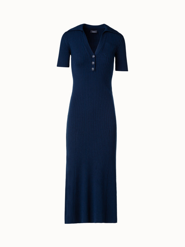 Wool Silk Stretch Knit Midi Dress - blue - navy