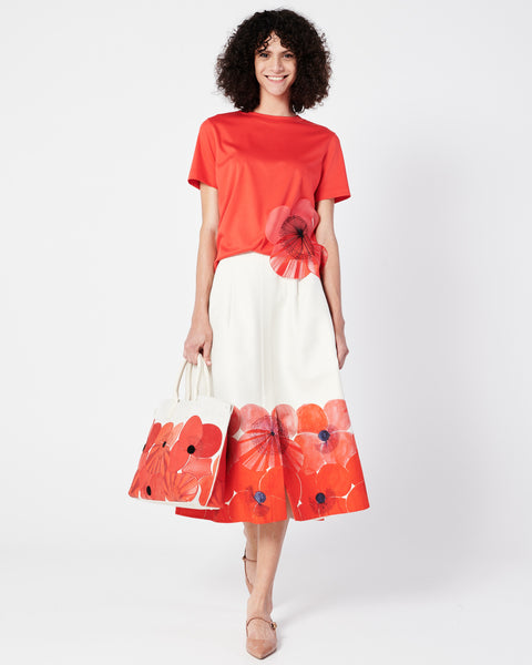 Cotton Silk Double-Face A-line Skirt with Poppy Print