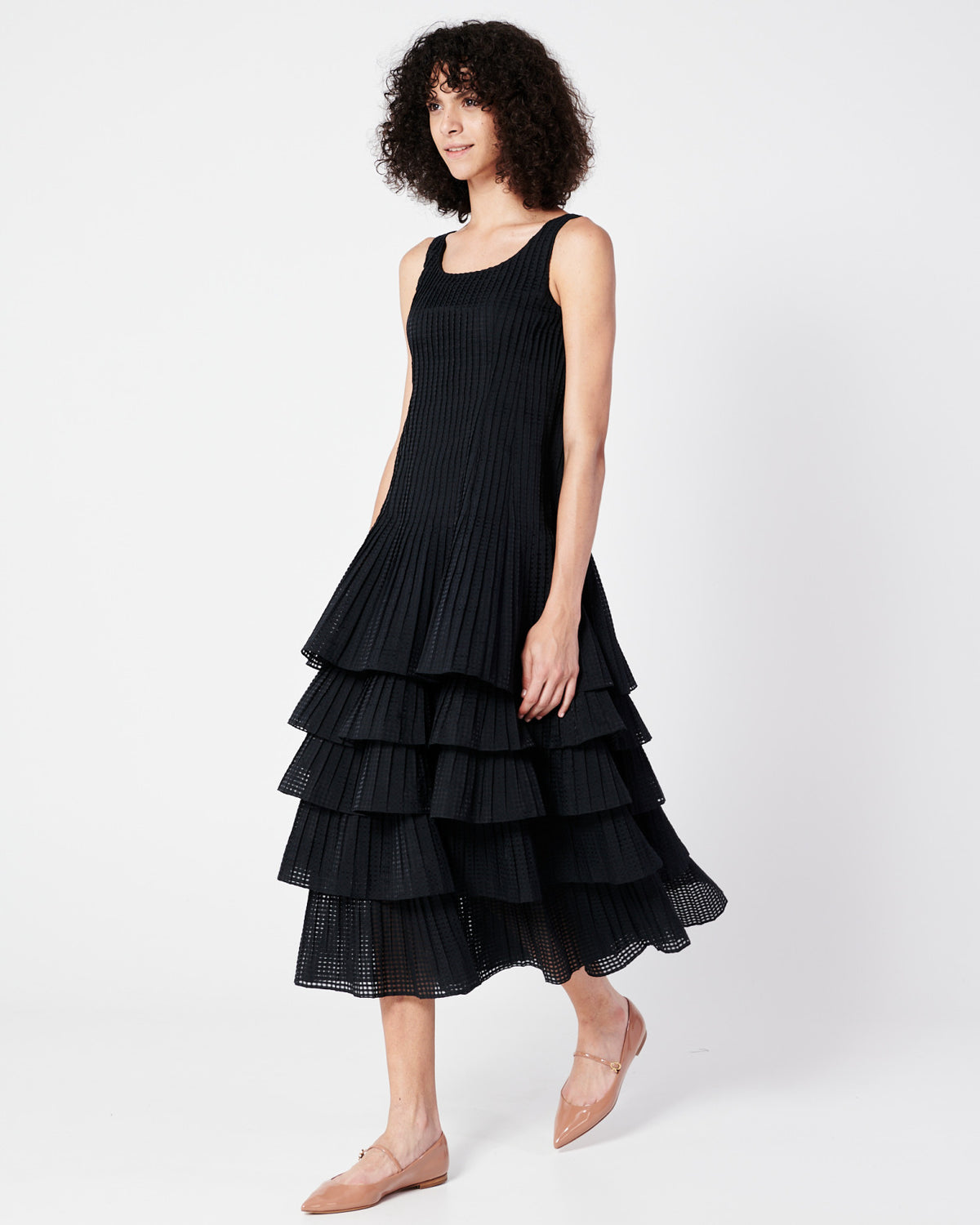 Sleeveless Midi Dress with Pleated Skirt in Semi-Sheer Organza - black