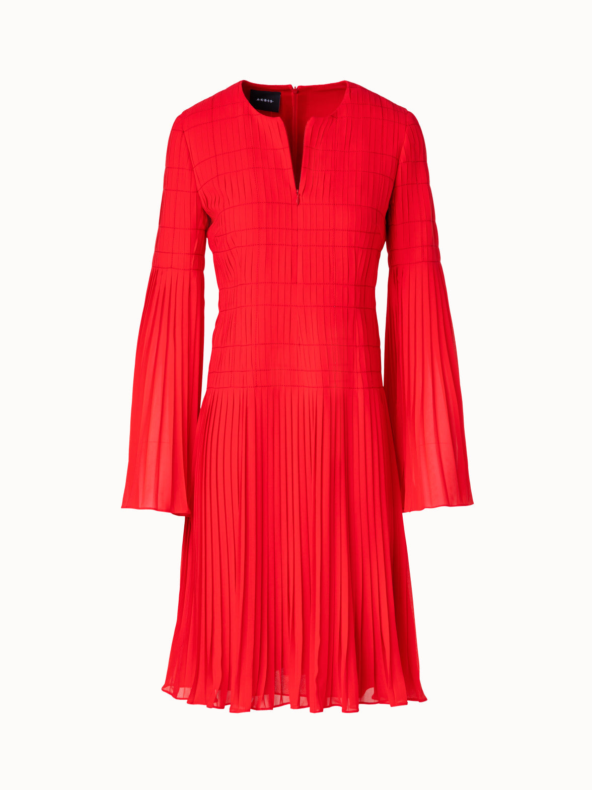 Short Pleated Dress with Long Flared Sleeves - red