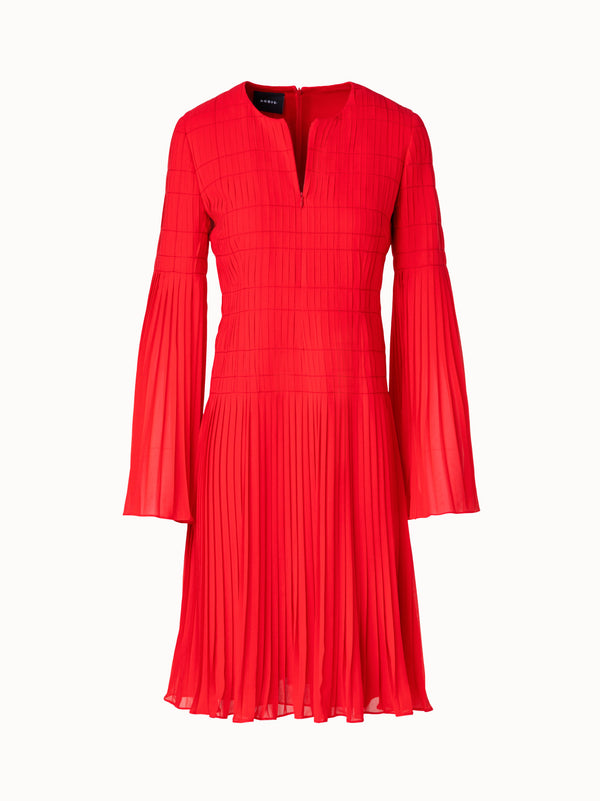 Short Pleated Dress with Long Flared Sleeves - red
