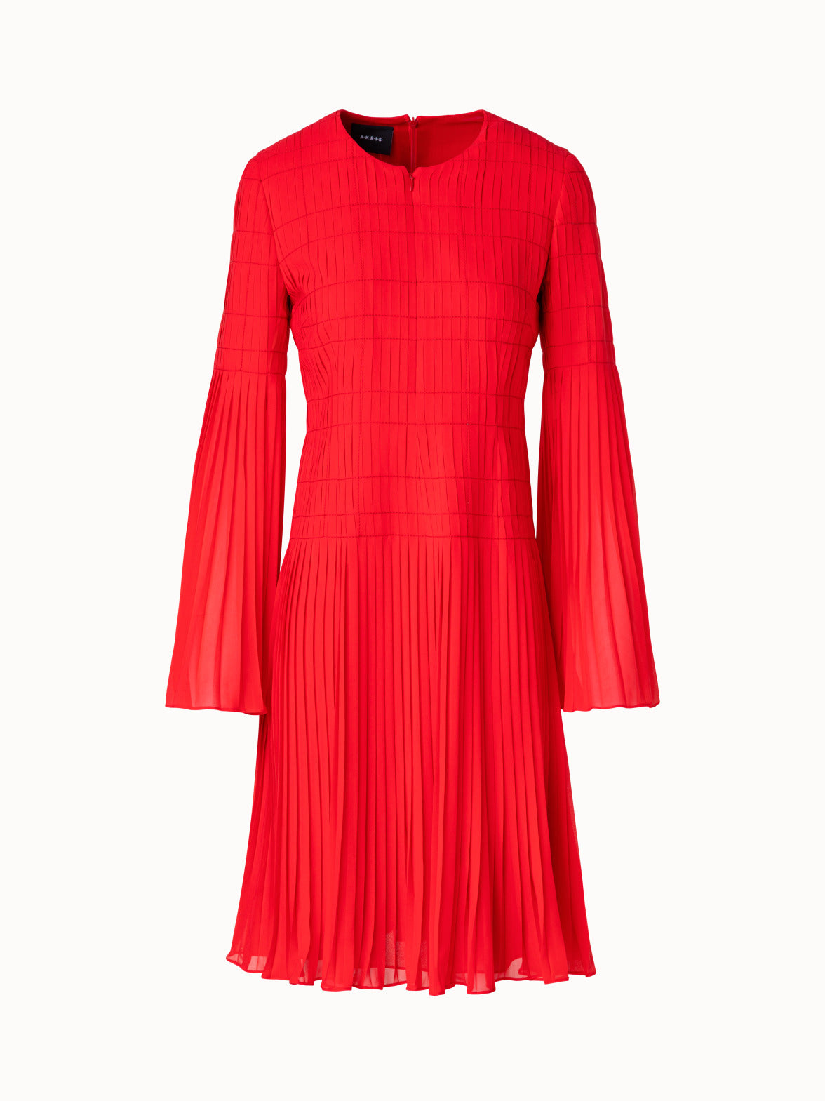 Short Pleated Dress with Long Flared Sleeves - red