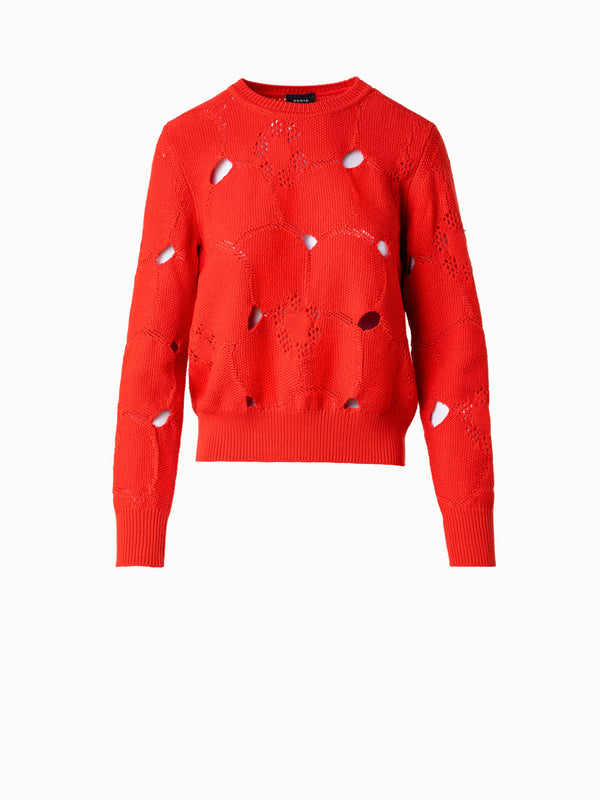 Cotton Stretch Knit Sweater with Anemones Jacquard - red