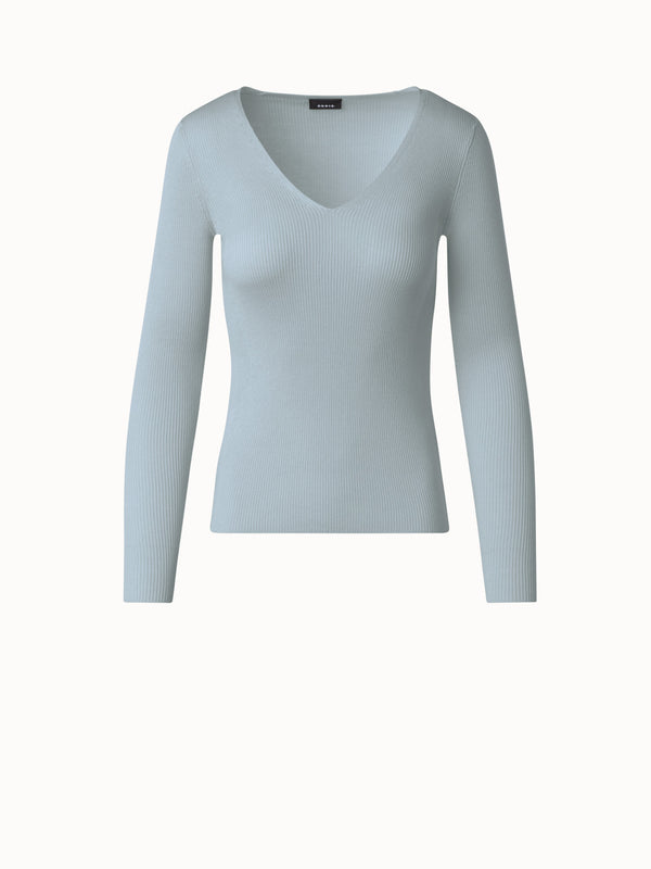 Silk Cotton Fine Rib V-neck Sweater - blue