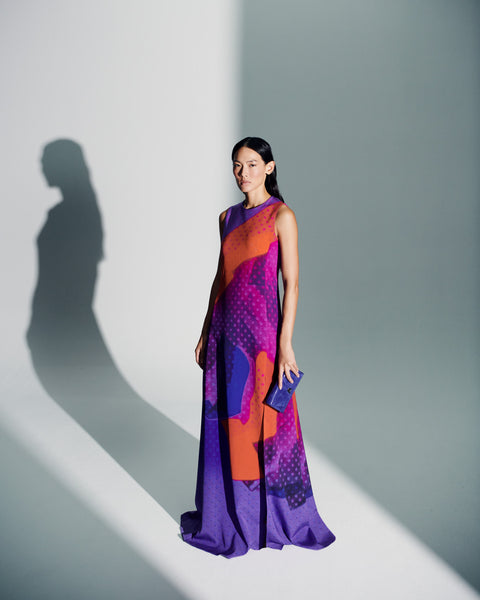 Fluid Silk Gown with Superimposition Print