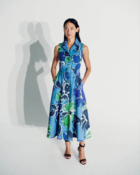 Midi Dress in Cotton Silk Double-Face with Sketched Abraham Flower Print